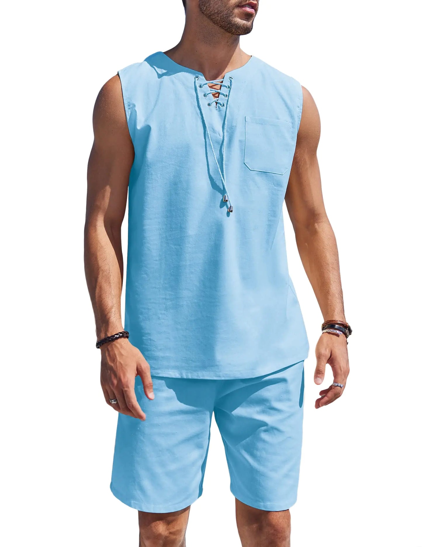 Men Summer Outfit Two Piece Sky-blue Linen